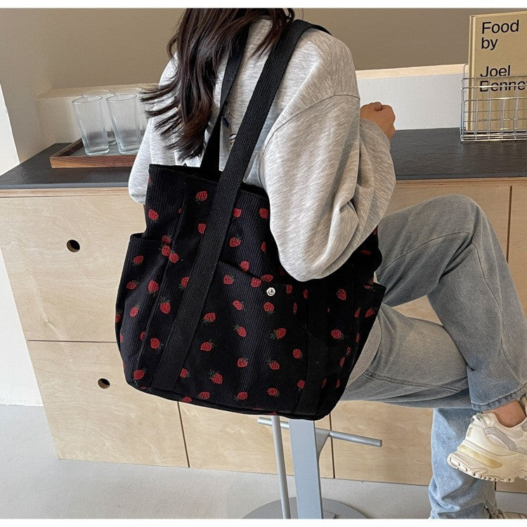 Women’s Corduroy Strawberry Print Tote Bag Large Capacity Shoulder Handbag Black