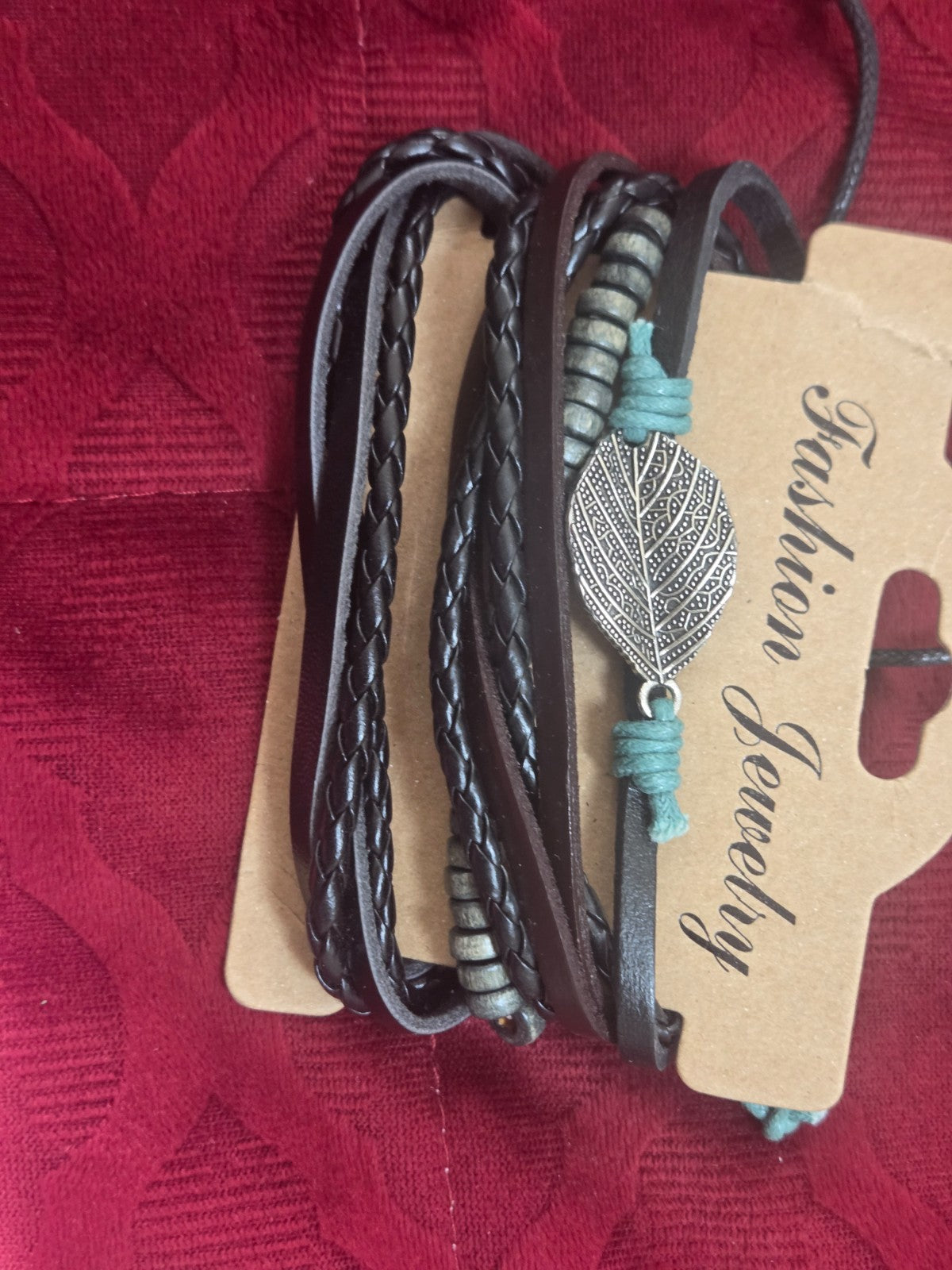 Men's Bohemian Multi-Layer Leather Wrap Bracelet Set Wood Beads Leaf Charm Adjus
