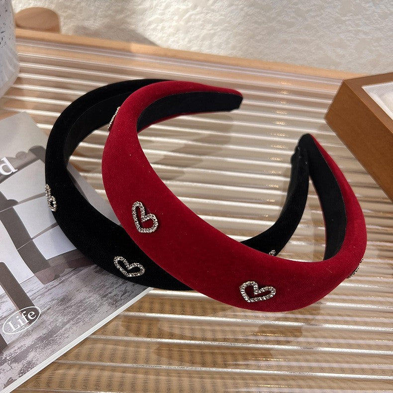 2pcs Red Black Heart Padded Headband Set Velvet Rhinestone Hair Accessory Women
