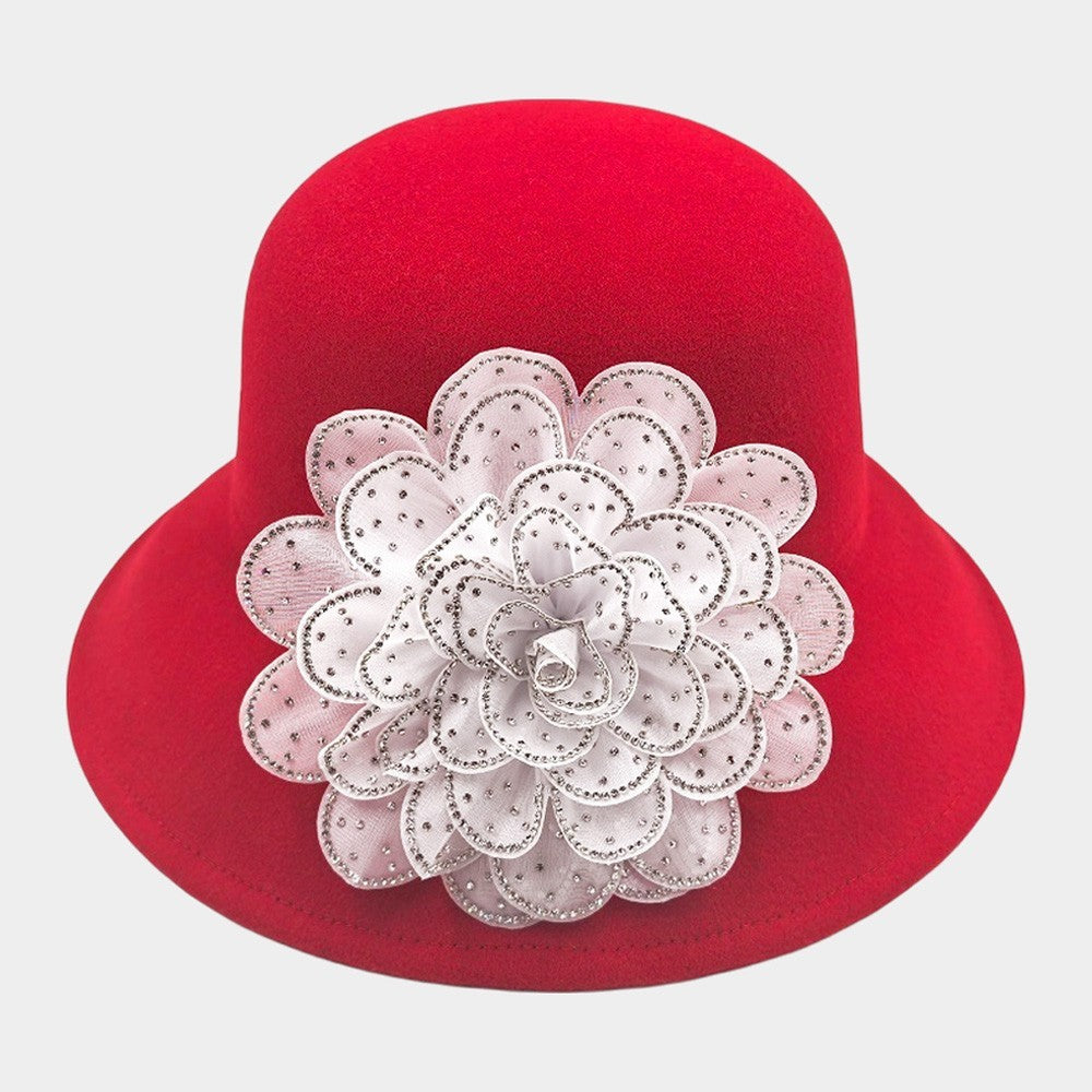 Red Cloche Dress Hat White Flower Rhinestone Church Derby Bucket Formal Cap
