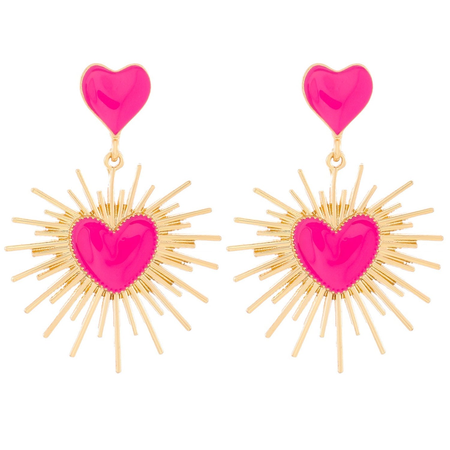Hot Pink Enamel Heart Sunburst Drop Dangle Earrings Gold Tone Statement