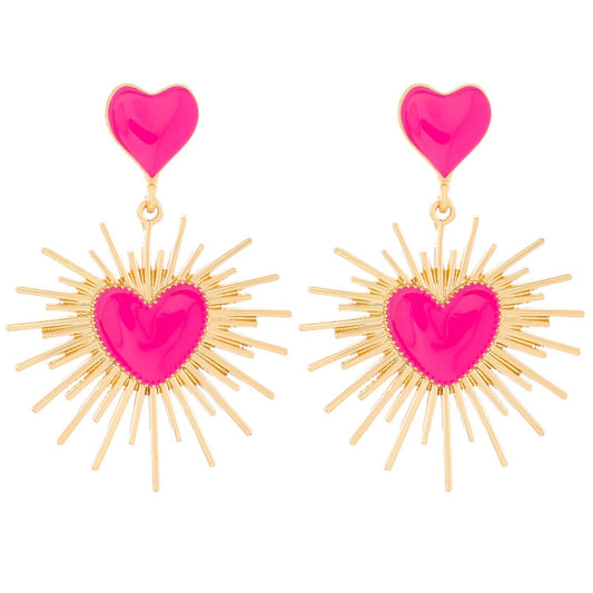 Hot Pink Enamel Heart Sunburst Drop Dangle Earrings Gold Tone Statement