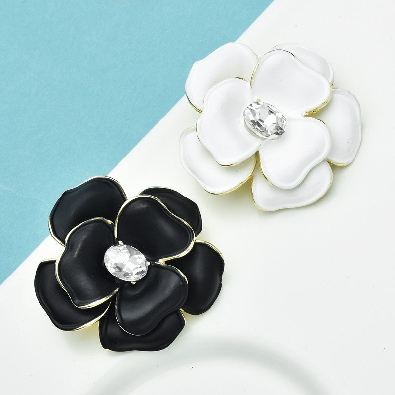 2pcs Enamel Camellia Flower Brooch Pin Set Vintage Style Crystal Floral Jewelry