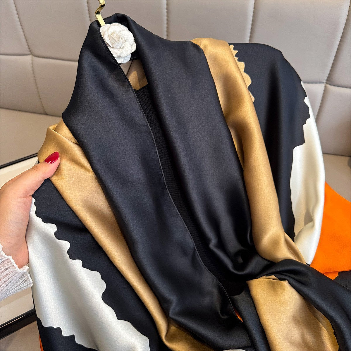 Oversized Silk Feel Scarf Abstract Block Wrap Orange Black Gold 71" x 35"