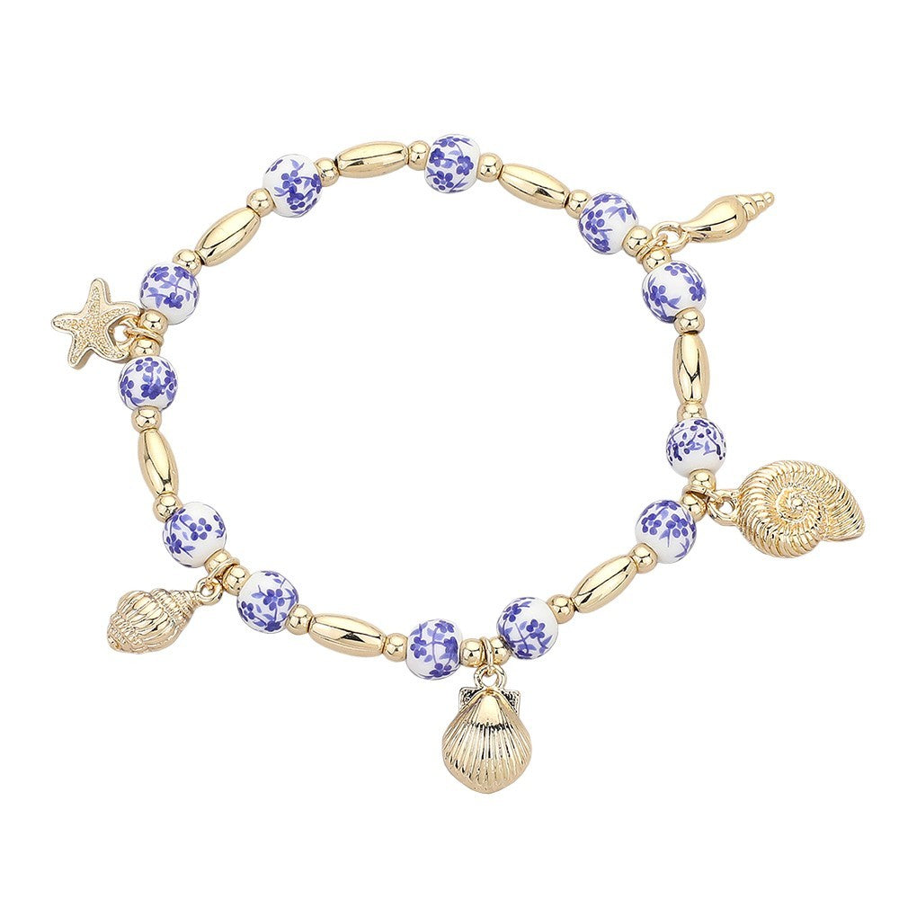 2pcs Gold Tone Beaded Charm Bracelets Nautical Shell Starfish Floral Beads