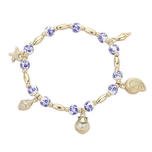 2pcs Gold Tone Beaded Charm Bracelets Nautical Shell Starfish Floral Beads