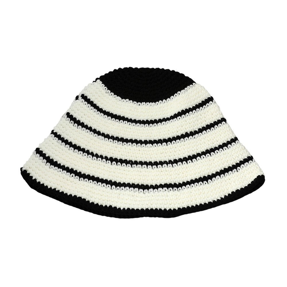 Chic Black and White Striped Crochet Bucket Hat Summer Sun Beach Accessory