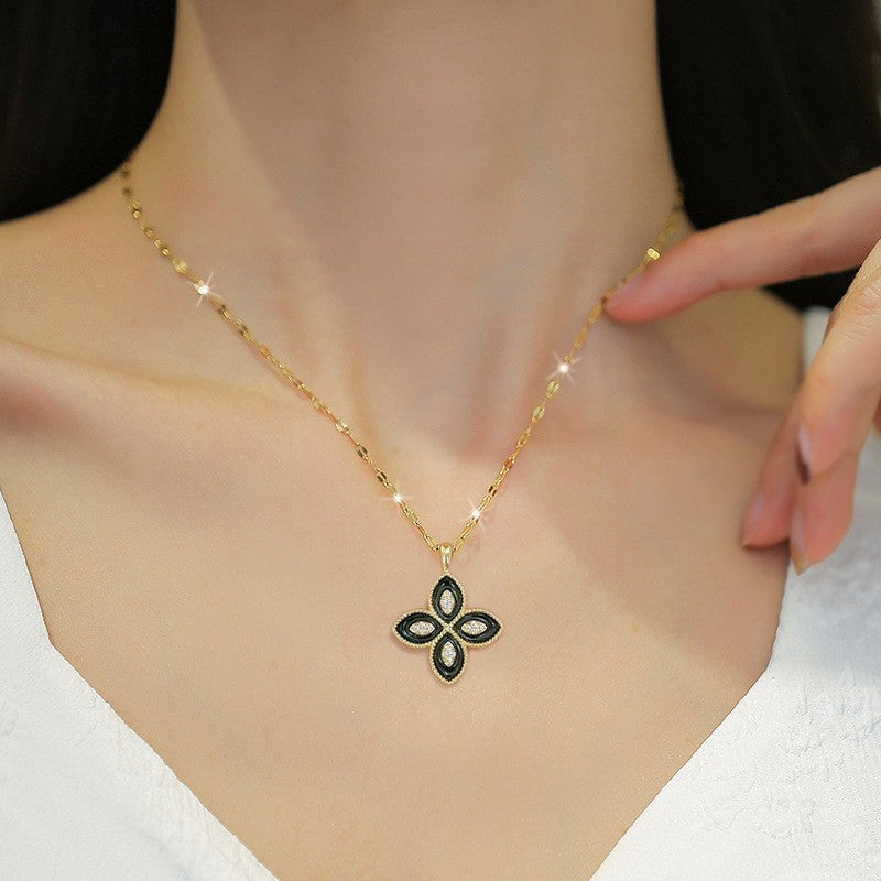 Black Enamel Clover Necklace Marquise Pave CZ Charm Gold Paperclip Chain 16"-18"