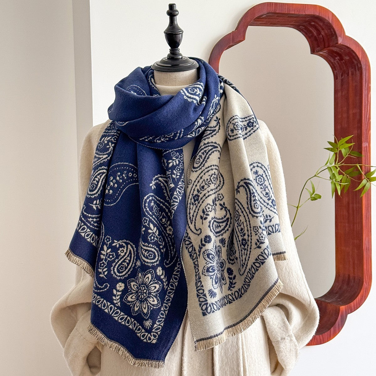 Reversible Blue Beige Paisley Cashmere Feel Scarf Shawl Wrap