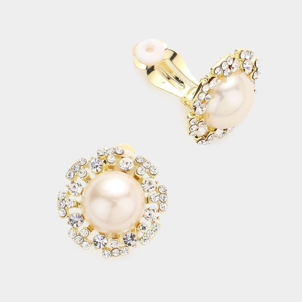 2PC Faux Pearl Rhinestone Flower Cluster Clip On Earrings Set Gold Silver Tone