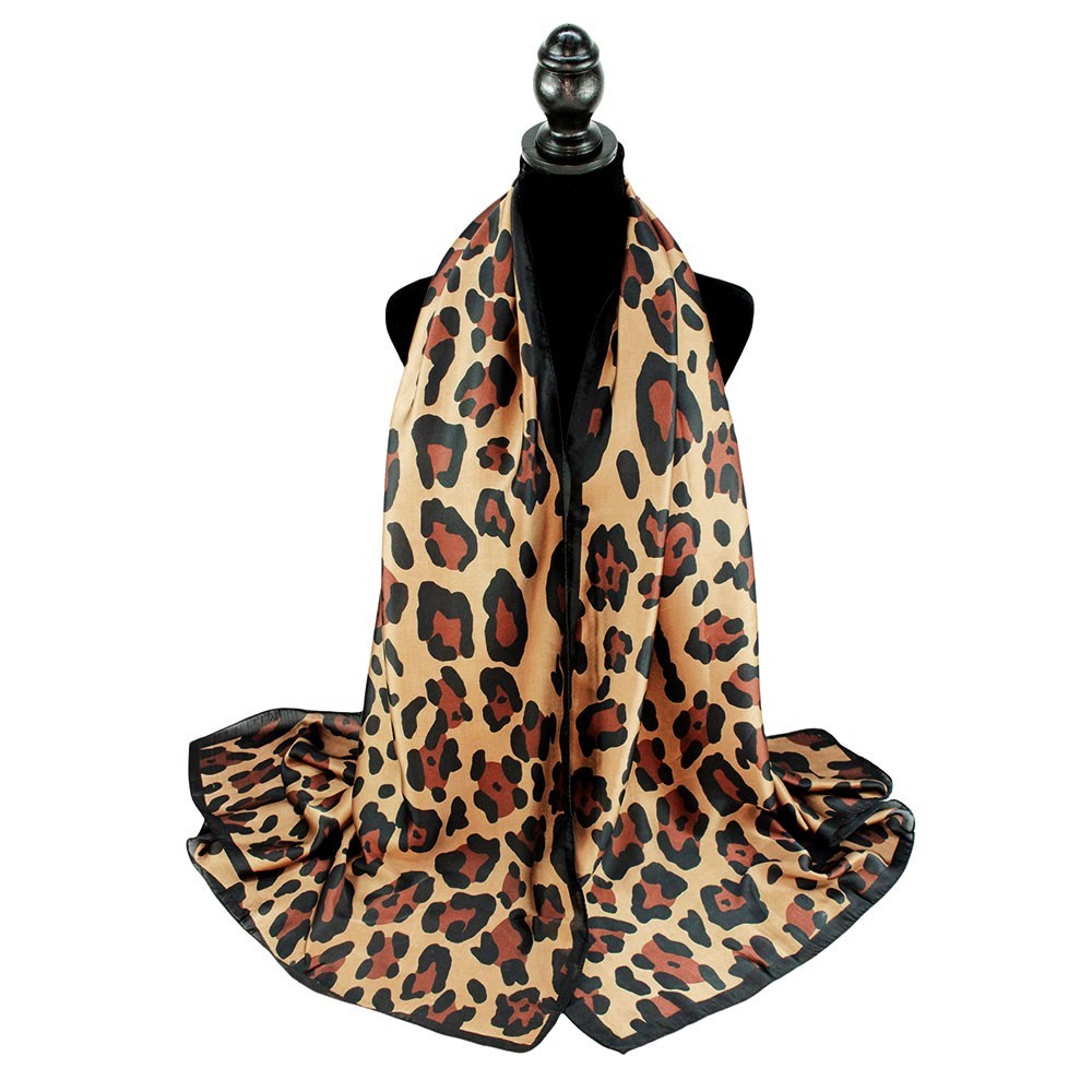 Women’s Leopard Print Silky Satin Oblong Scarf Shawl Soft Wrap 35 x 78 Inches
