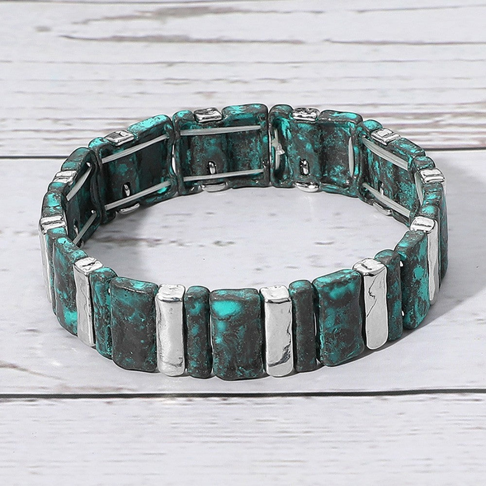 Turquoise and Silver Stretch Bracelet Rectangular Segments Unisex Jewelry