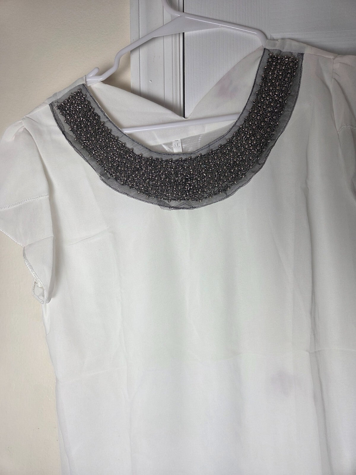 Studded Neckline Chiffon Blouse for Women Size XL Lightweight Sheer Top Ladies