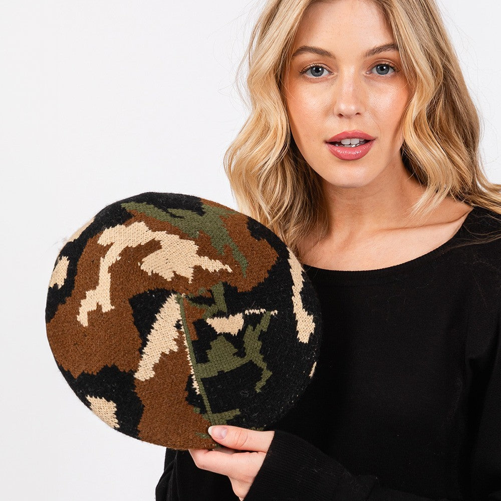 Camo Knit Beret Hat Women’s Fashion Winter Fall Casual Military Style Beanie Cap