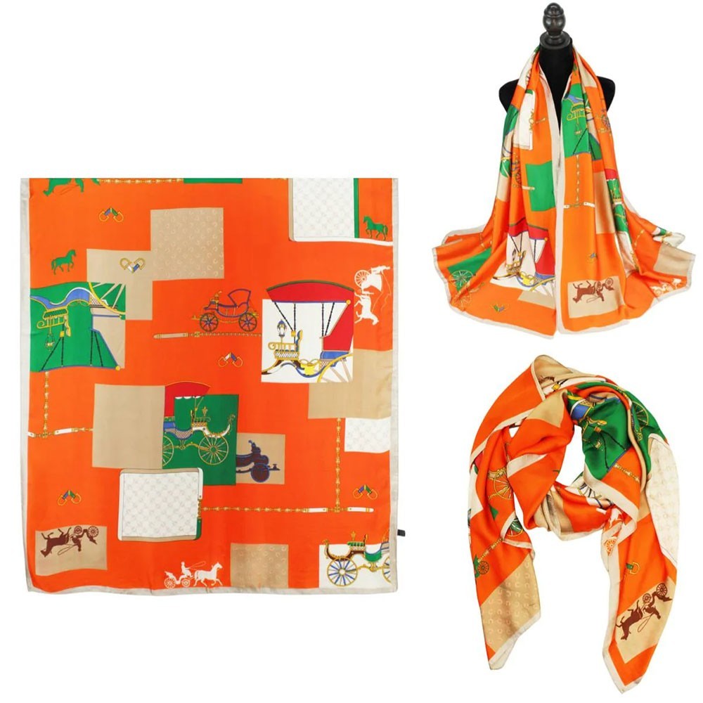 Orange Carriage Print Satin Oblong Scarf – Elegant Silky Wrap Shawl for Women