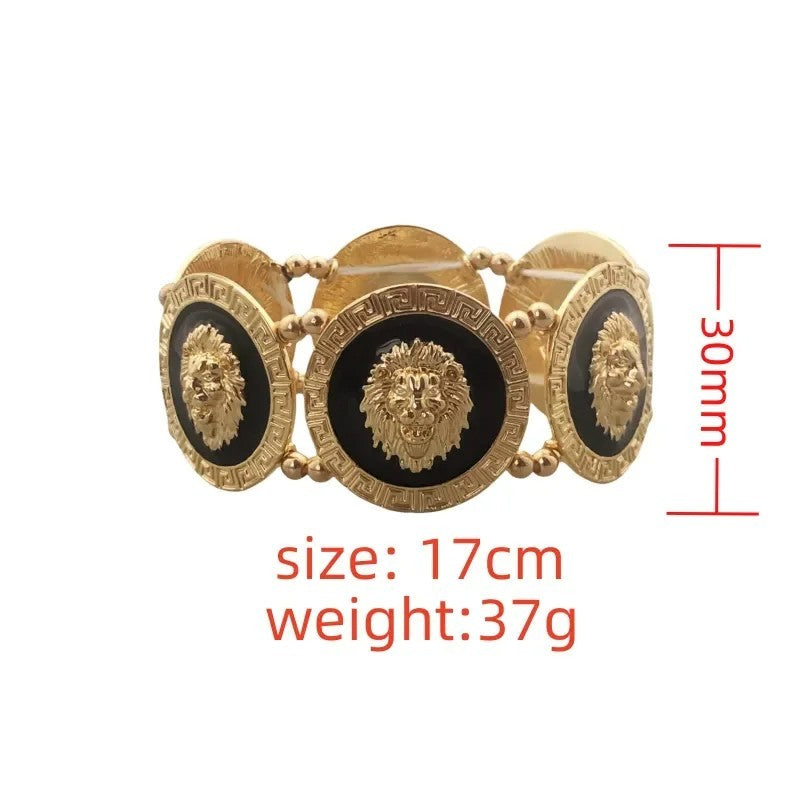 Gold Tone Lion Head Bracelet Black Enamel Greek Key Stretch Medallion 6.7in