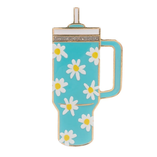 2pcs Teal Daisy Tumbler Enamel Gold-Tone Statement Brooch Set