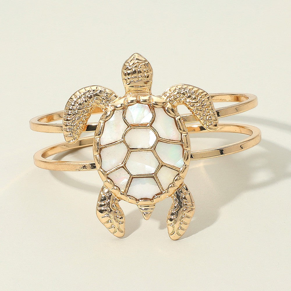 Intricate Mother of Pearl Turtle Hinged Bracelet Gold Tone  Fashion Jewelry
