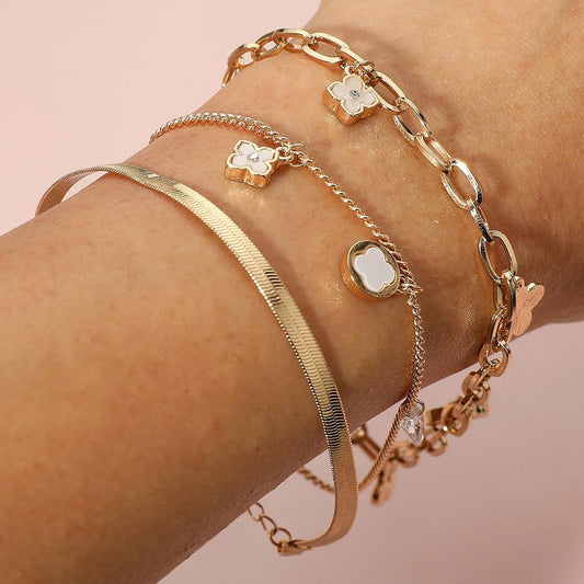 Gold Quatrefoil Charm Layered Bracelet Set 3PCS Snake Chain Link Women Jewelry