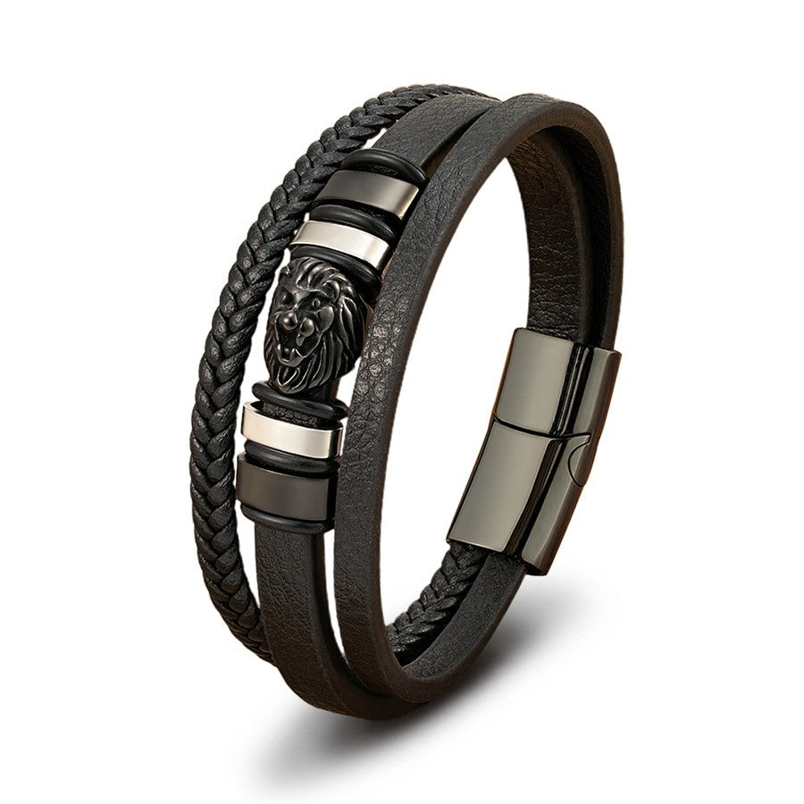 3 Colors Men Lion Head Leather Bracelet Set Stainless Steel Magnetic Clasp