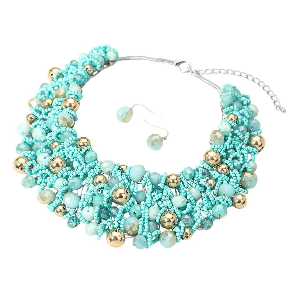 Faceted Beaded Collar Statement Necklace for Women Turquoise Jewelry for Ladies