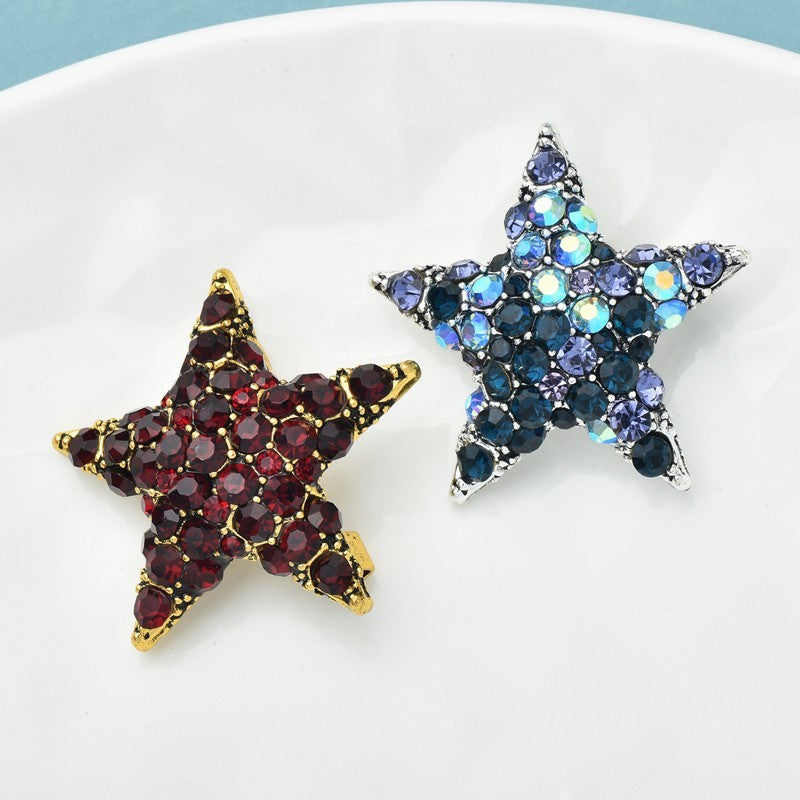 Sparkle Star Brooch Set Red Garnet Gold & Blue Crystal Silver Tone Pin Pair Gift