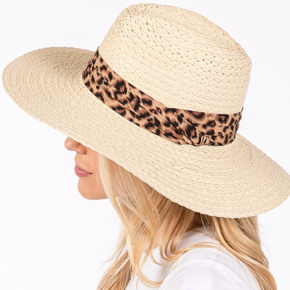 Leopard Band Straw Sun Hat for Women Wide Brim Summer Beach Travel Hat Chic