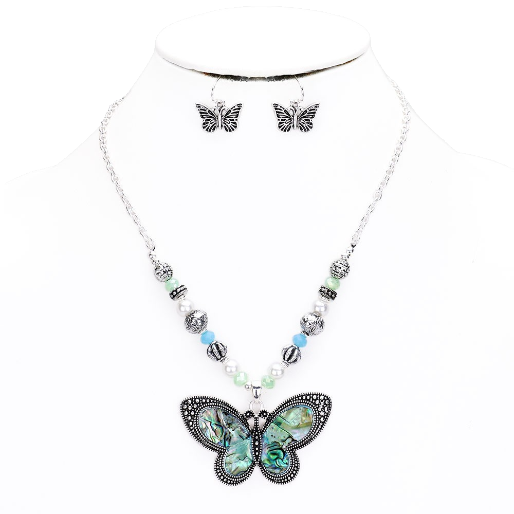 Butterfly Abalone Shell Necklace Earring Set Silver Tone Beaded Jewelry 17"