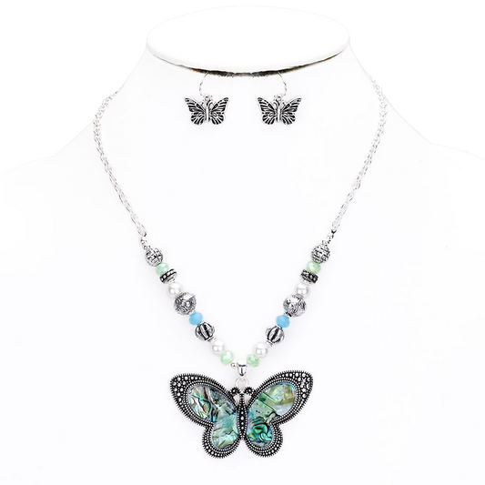 Butterfly Abalone Shell Necklace Earring Set Silver Tone Beaded Jewelry 17"