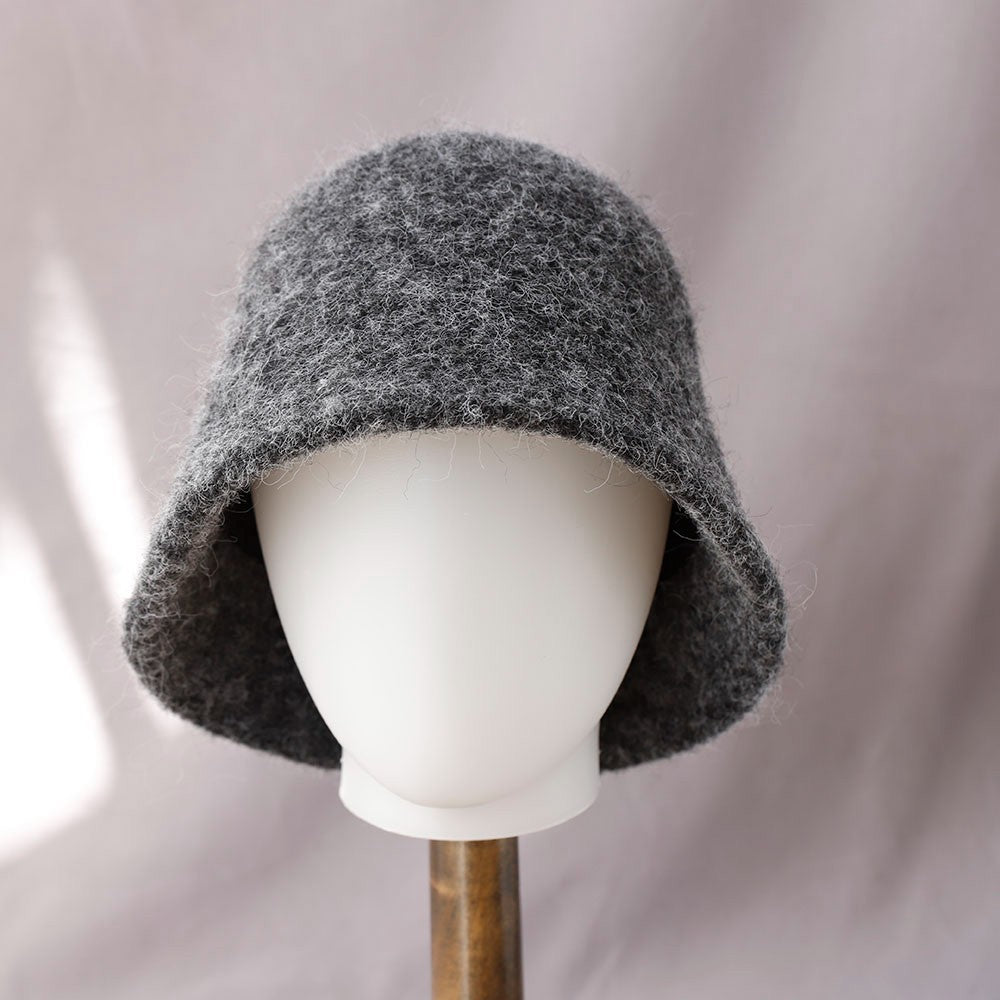 Grey Fuzzy Wool Blend Bucket Hat Winter Cloche Soft Knit 90s Vintage Style