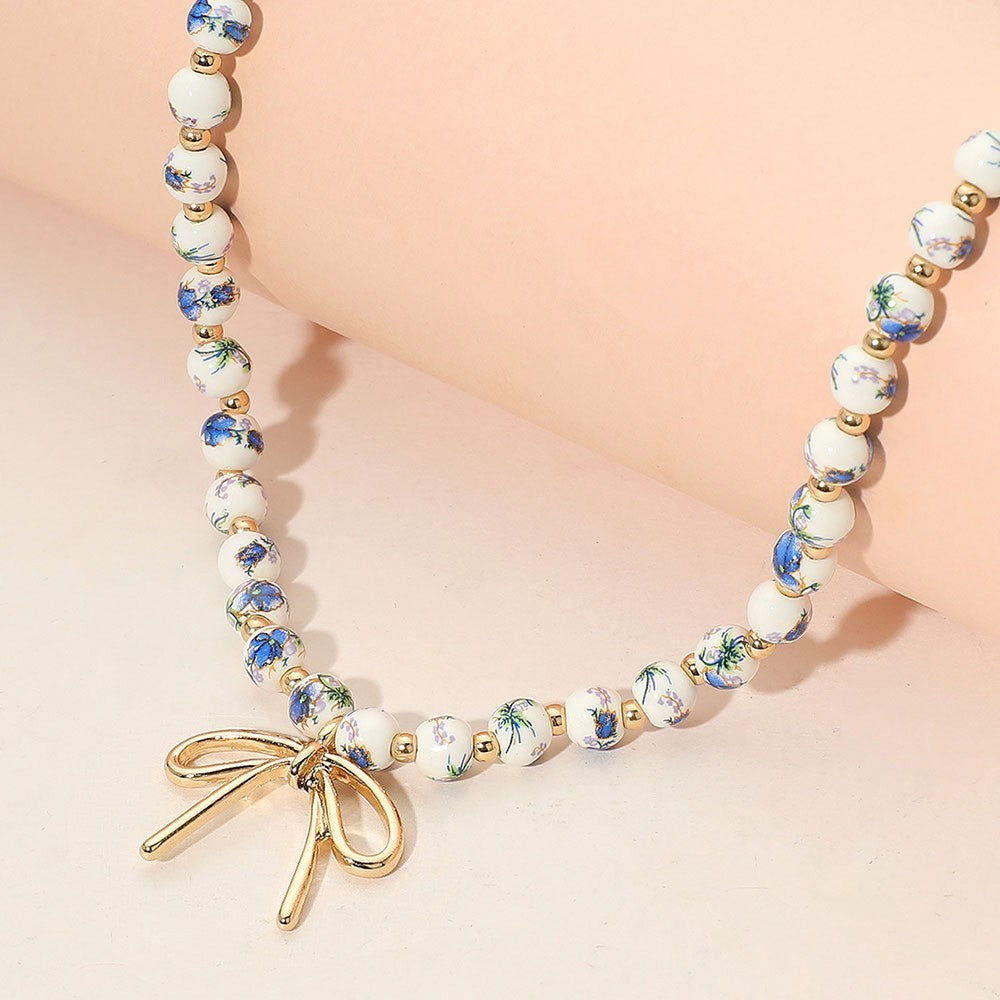 2PCS Blue White Porcelain Bead Choker Necklace Set Gold Bow Charm New Gift