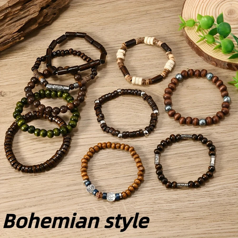 10PCS Boho Beaded Bracelets Set for Men Wooden Tree of Life Layered Jewelry