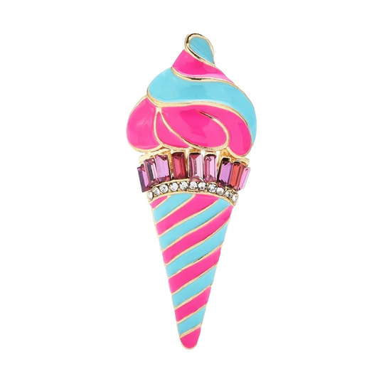 2pcs Ice Cream Cone Brooch Pin Pink Blue Enamel Crystal Rhinestone Set