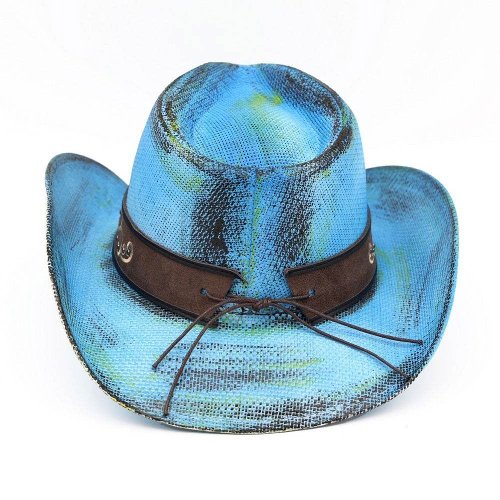 Blue Western Cowboy Hat Paper Straw Concho Band Distressed Rodeo Festival