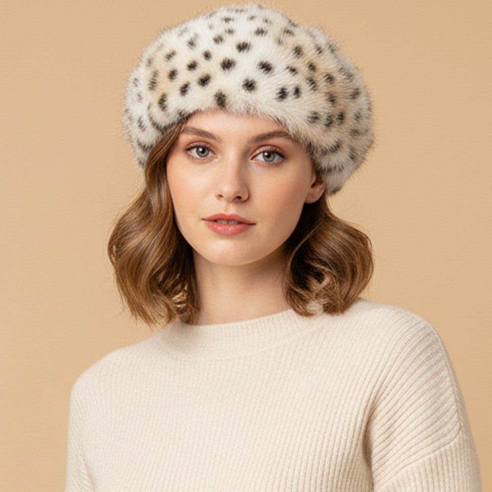 Plush Faux Fur Beret Hat Snow Leopard Print Warm Winter Style Hats for Women