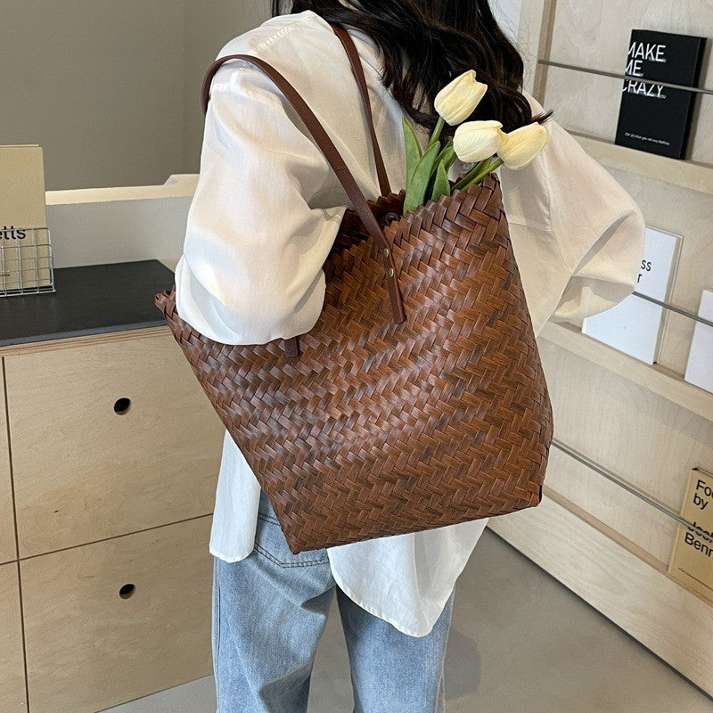 Handwoven Basket Weave Rattan Straw Tote Bag Large Capacity Brown Bags