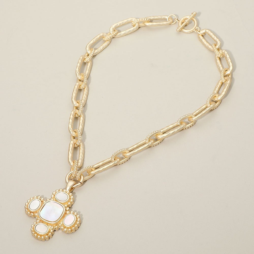Gold Hammered Link Toggle Necklace with Mother of Pearl Cross Pendant Jewelry