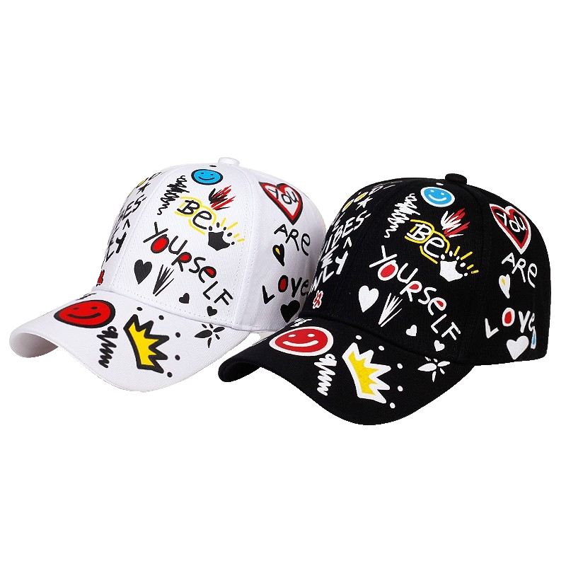 2pcs Graffiti Print Baseball Cap Be Yourself Inspirational Snapback Hat Set