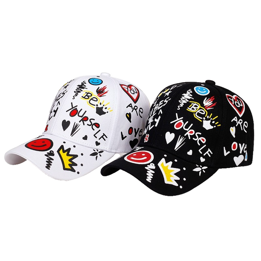 2pcs Graffiti Print Baseball Cap Be Yourself Inspirational Snapback Hat Set