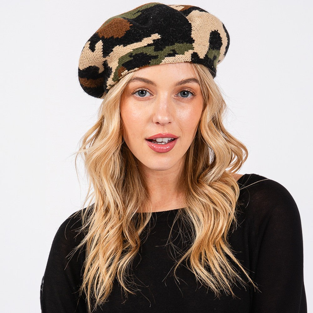 Camo Knit Beret Hat Women’s Fashion Winter Fall Casual Military Style Beanie Cap