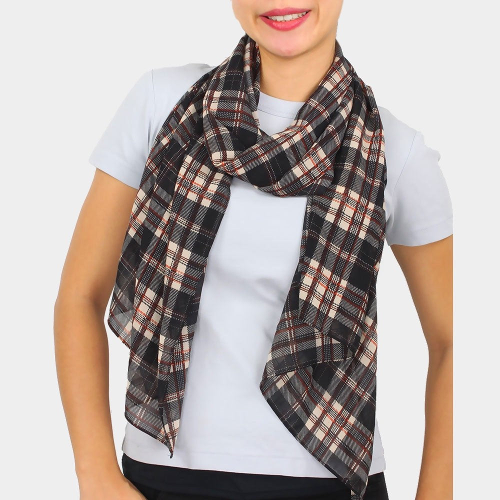 Black and Red Classic Plaid Checkered Tassel Trim Long Polyester Fashion Scarf