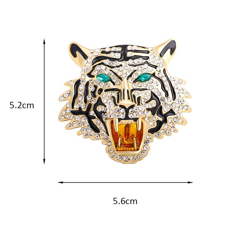 Statement Tiger Head Roaring Brooch Pin Pendant Gold Tone Rhinestone Black Ename