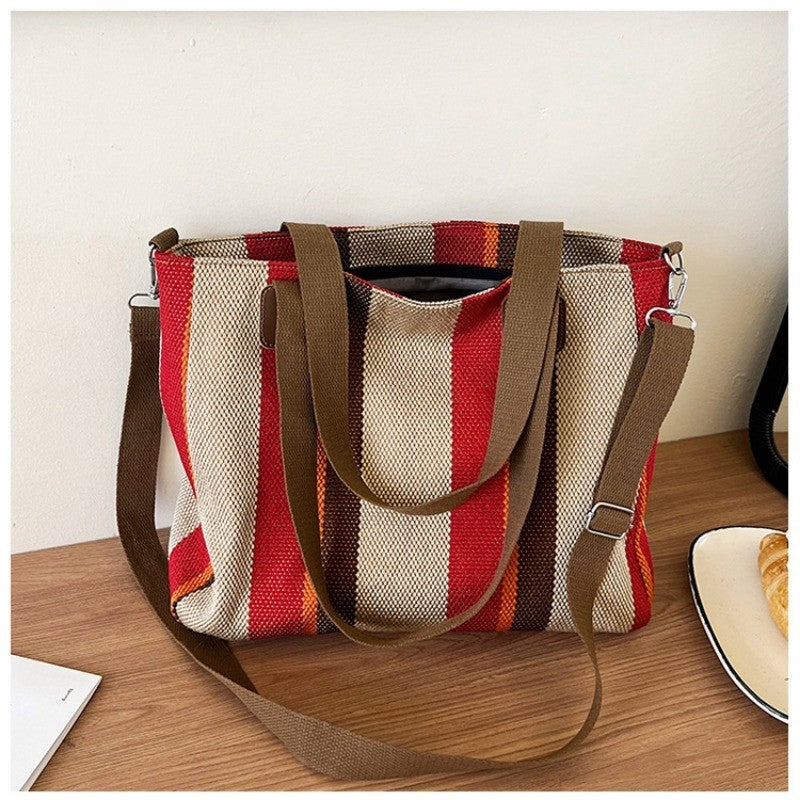 Women's Striped Canvas Tote Bag with Crossbody Strap – Beach Travel Shoulder Bag