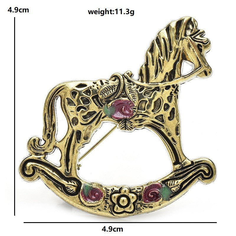 2pcs Vintage Antique Gold Rocking Horse Brooch Pink Rose Floral Equestrian Pin