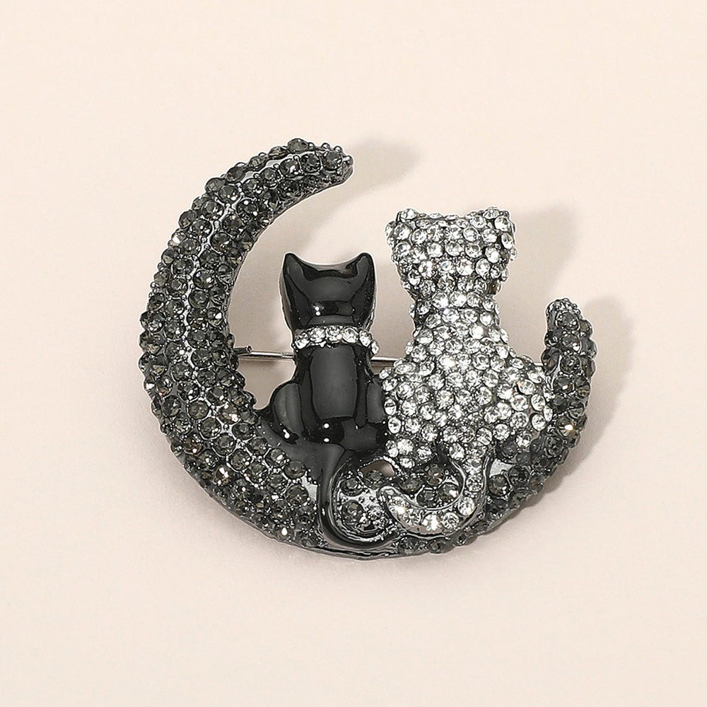 Black & White Crystal Cat on Moon Brooch Pin Rhinestone Animal Jewelry Gift
