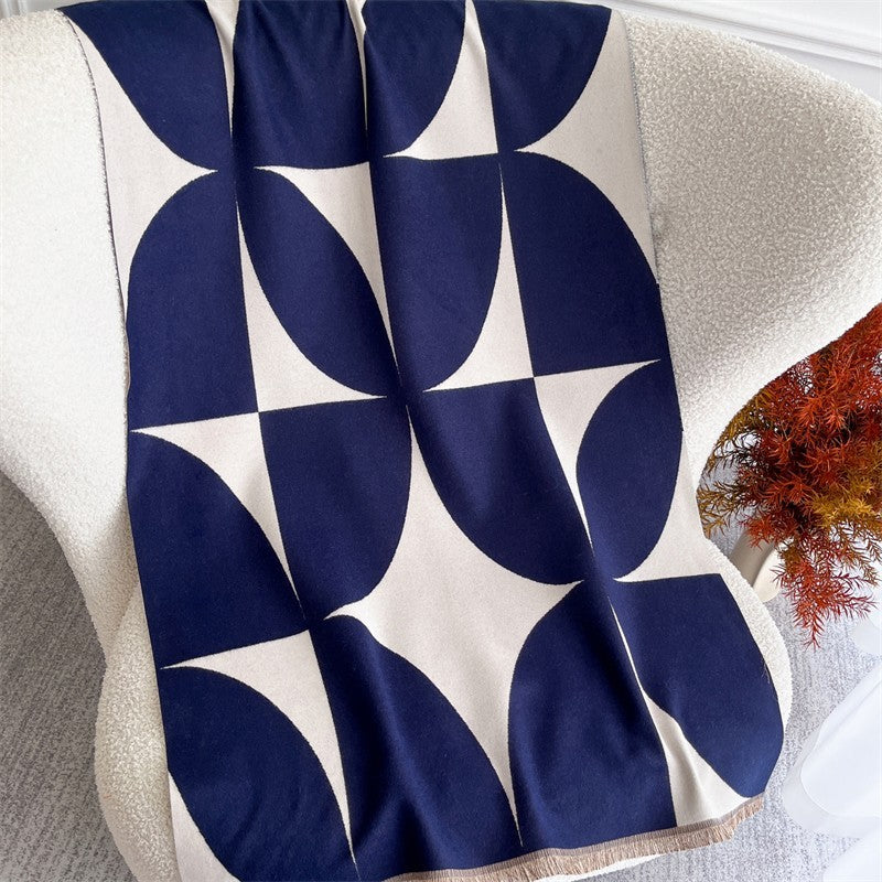 Navy Blue Geometric Pattern Winter Shawl Scarf Wrap