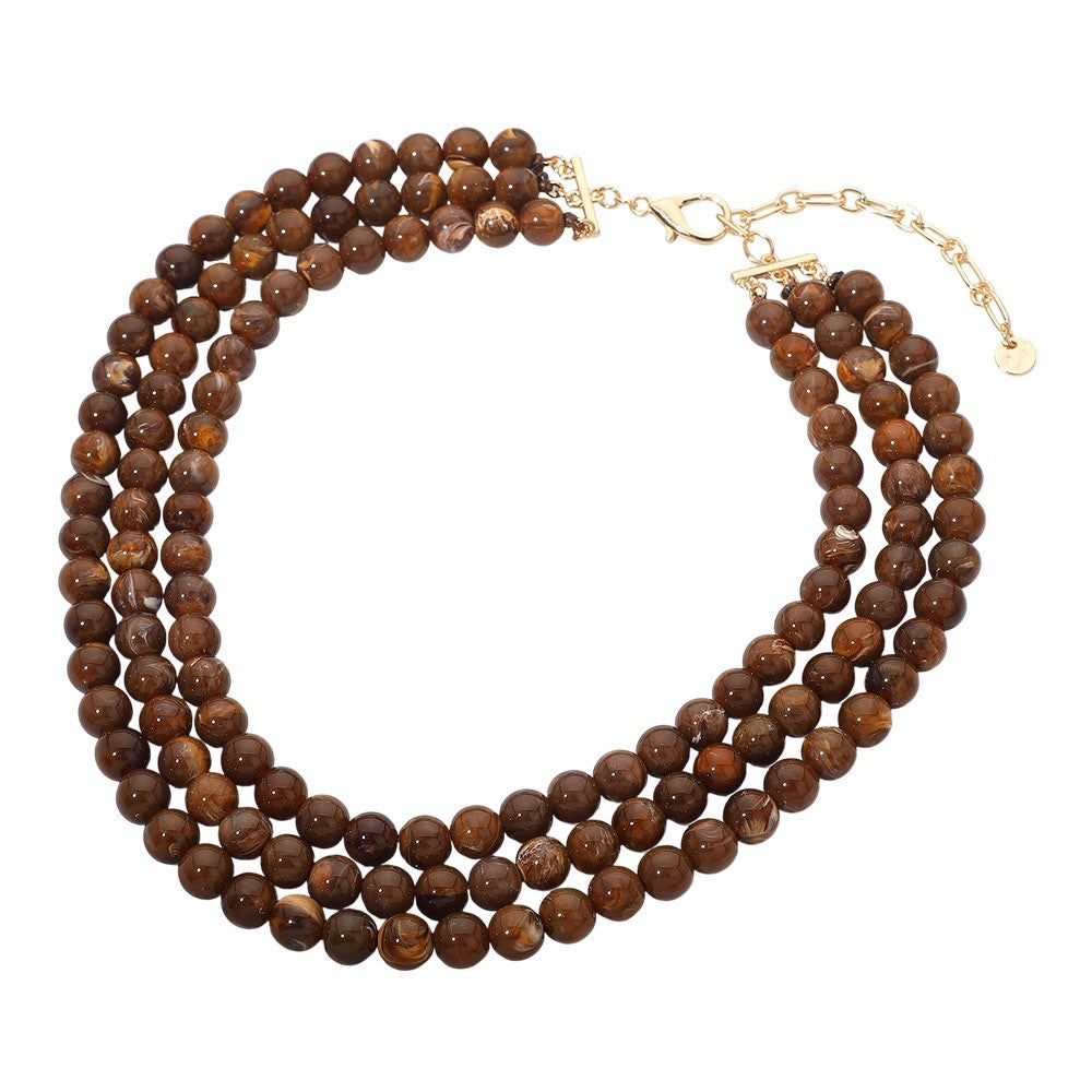 Brown Marble Chunky Beaded Multi Strand Necklace Statement Jewelry