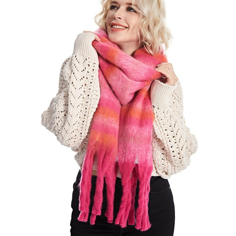 Women's Pink Striped Knitted Tassel Scarf Winter Warm Cozy Pashmina Shawl