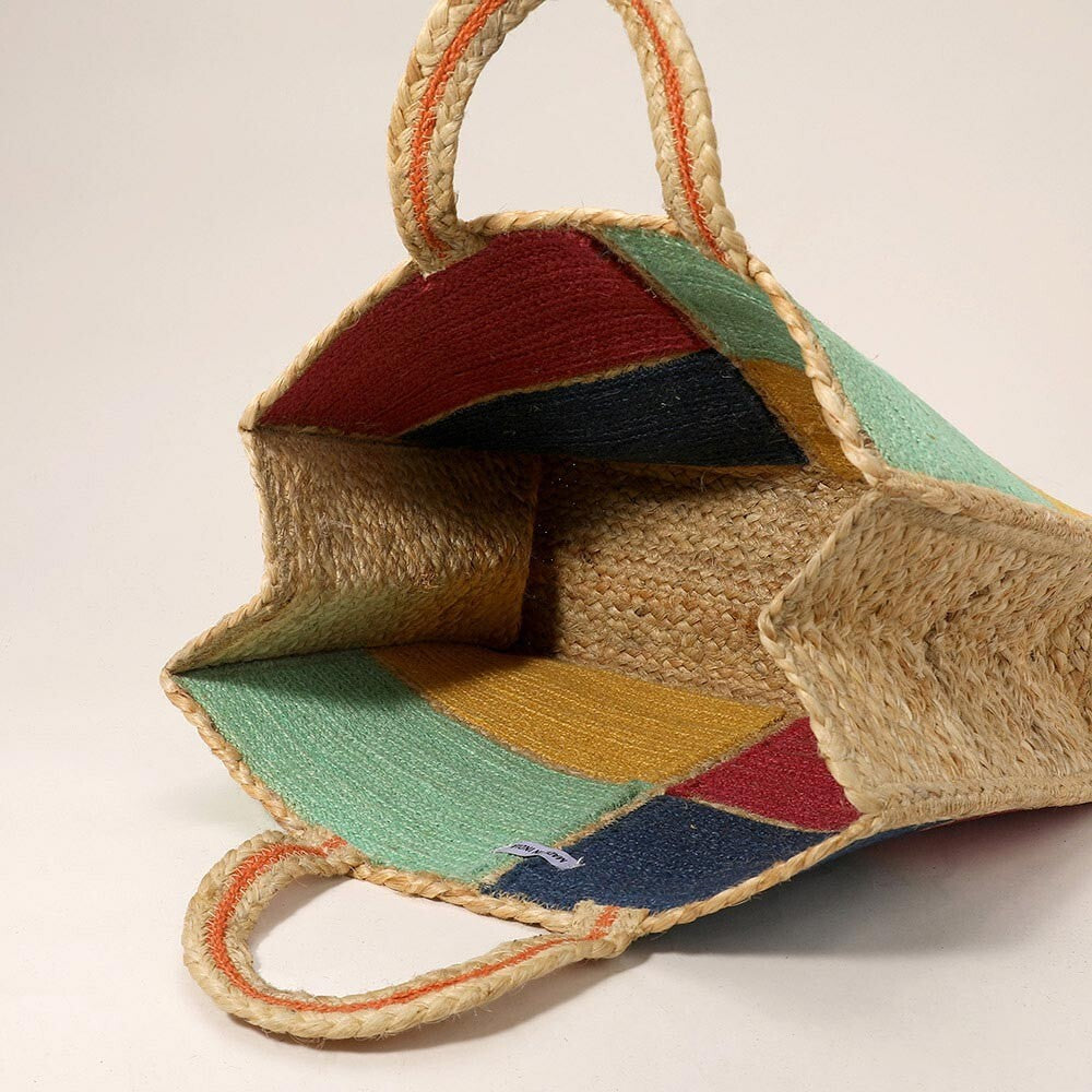 Color Block Jute Tote Bag for Women Boho Eco-Friendly Woven Handbag Summer Purse