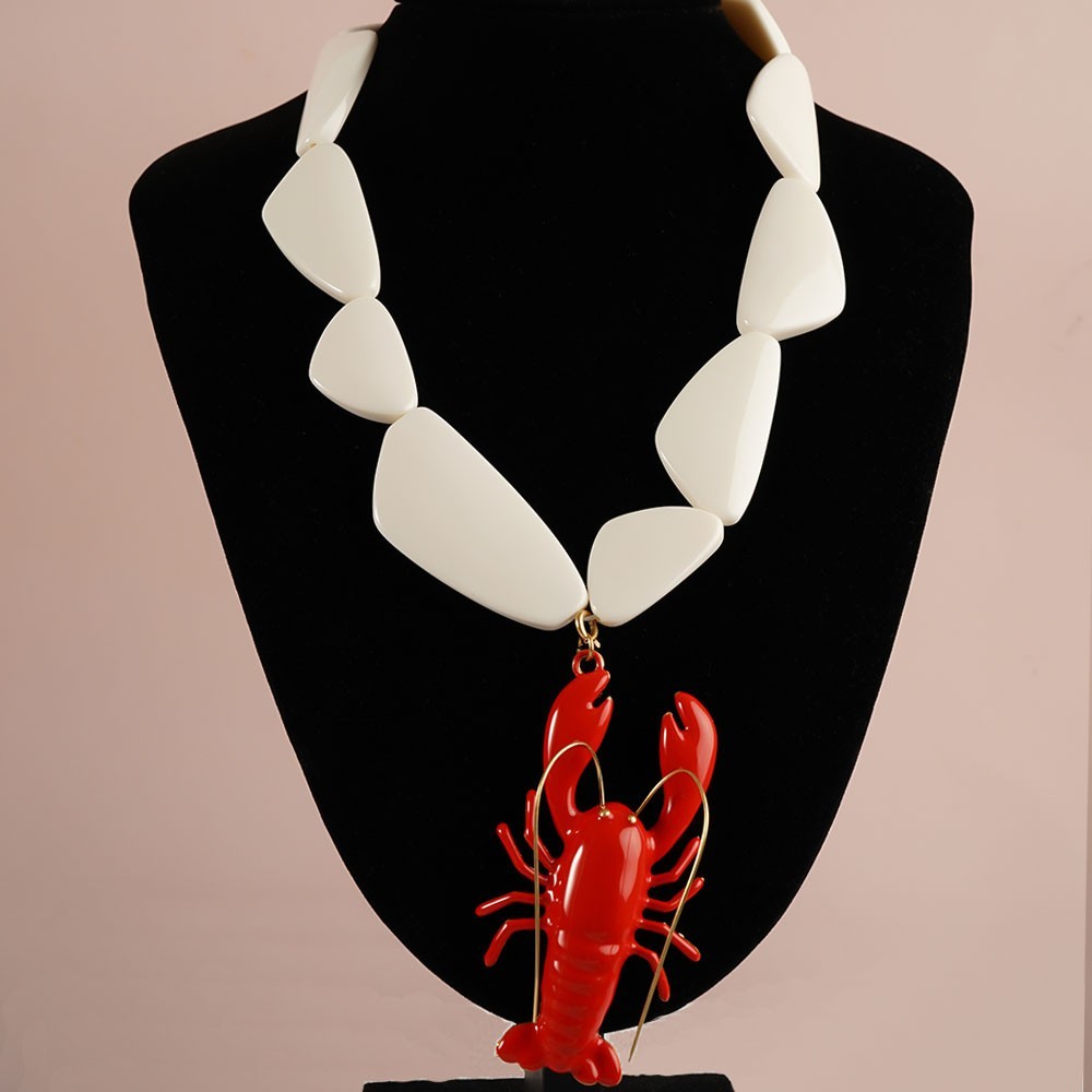 Red Lobster Pendant Necklace Statement Chunky White Resin Bead Coastal Jewelry